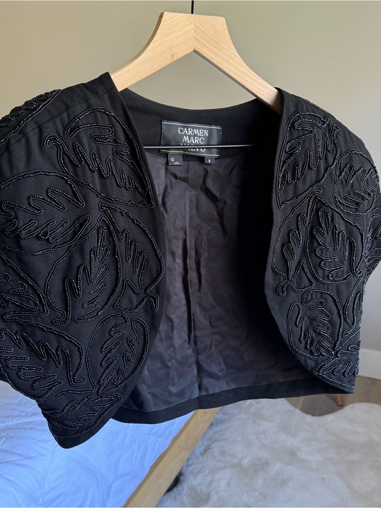 Carmen Marc Valvo Sweaters - Carmen Marc Valvo Black Beaded Open-Front Shrug B4